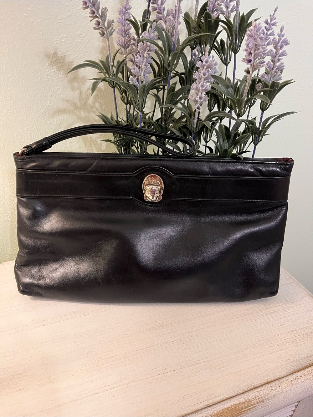 Ruth E Saltz Vintage Black Leather Wristlet/Clutch w/ Distinctive Cougar Head